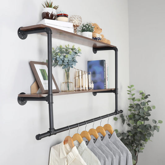 Industrial Pipe Wall Mounted Clothing Rack with Wood Shelvin