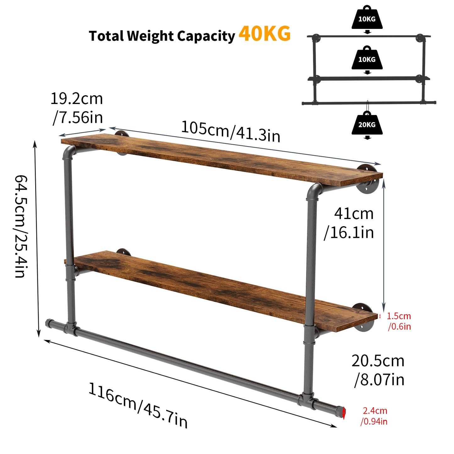 Industrial Pipe Wall Mounted Clothing Rack with Wood Shelvin