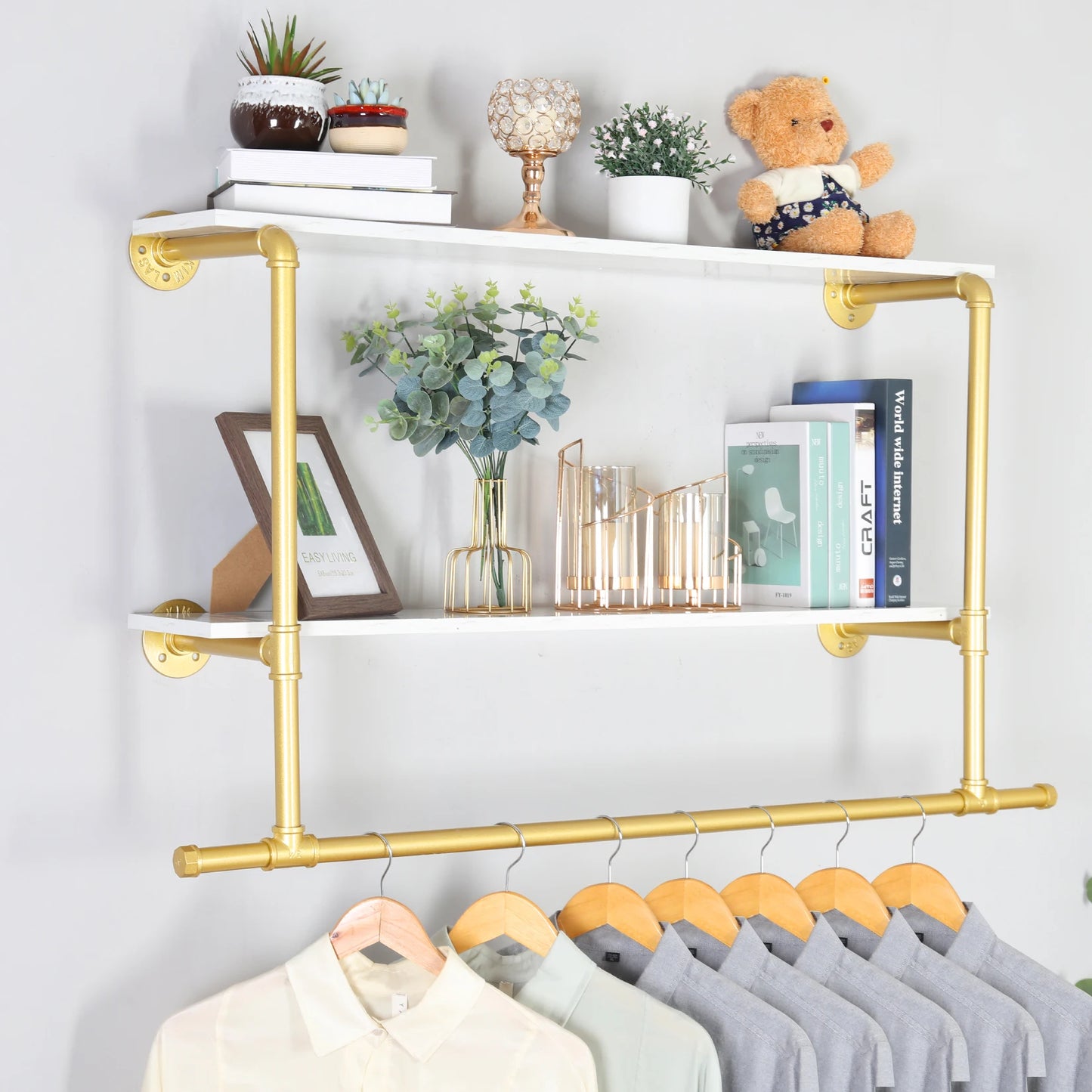 Industrial Pipe Wall Mounted Clothing Rack with Wood Shelvin