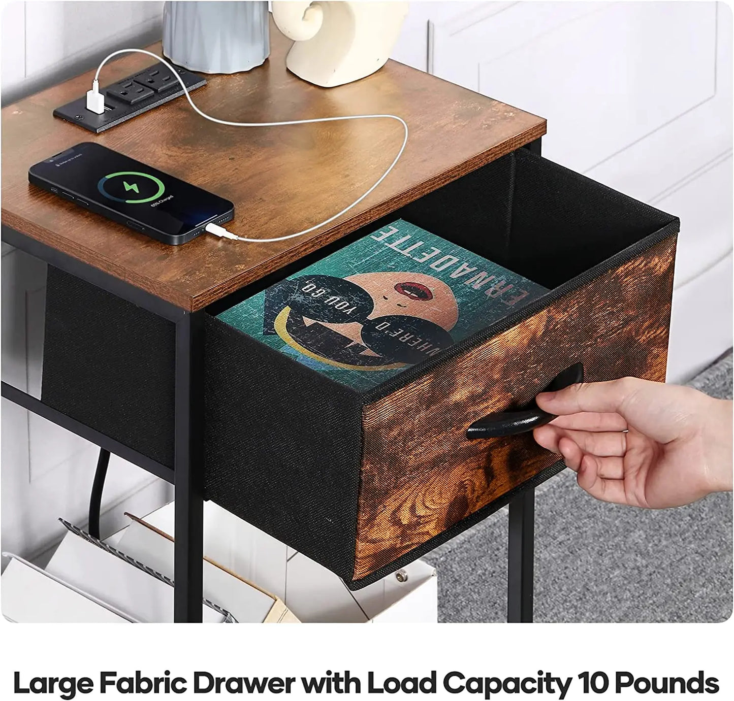 Nightstand  USB Ports Drawer Storage Shelf Brown